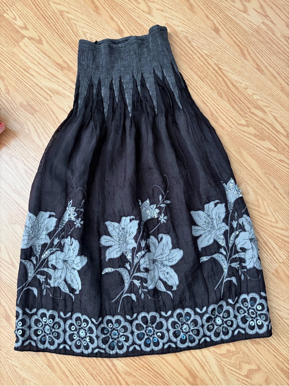 Whimsigoth Y2K Black Floral Sequinned and Embroidered Maxi Skirt